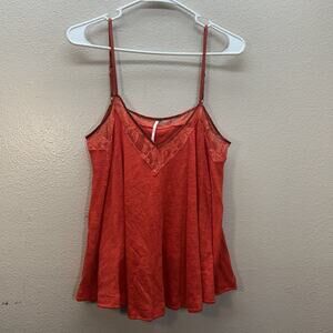 Free People Boho Linen Blend Lace Inset A-Line Cami Flowy Swing Tank Top SZ L